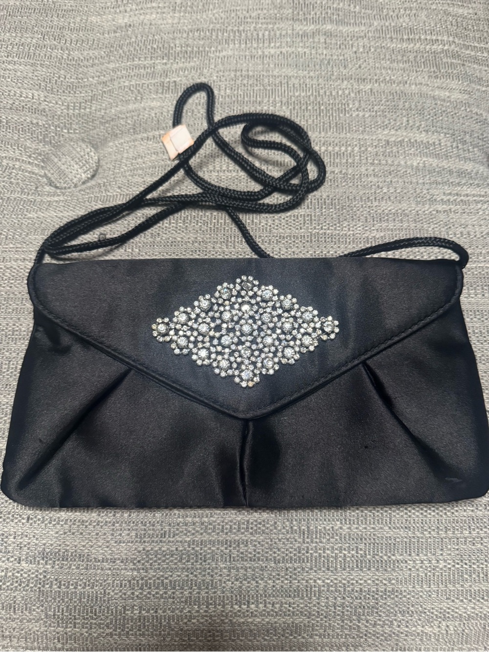 Icing Black Satin Mini Crossbody with Rhinestone Cluster
